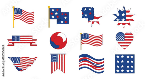 Collection of american flags in various patriotic designs and shapes symbolizing usa national pride and freedom.