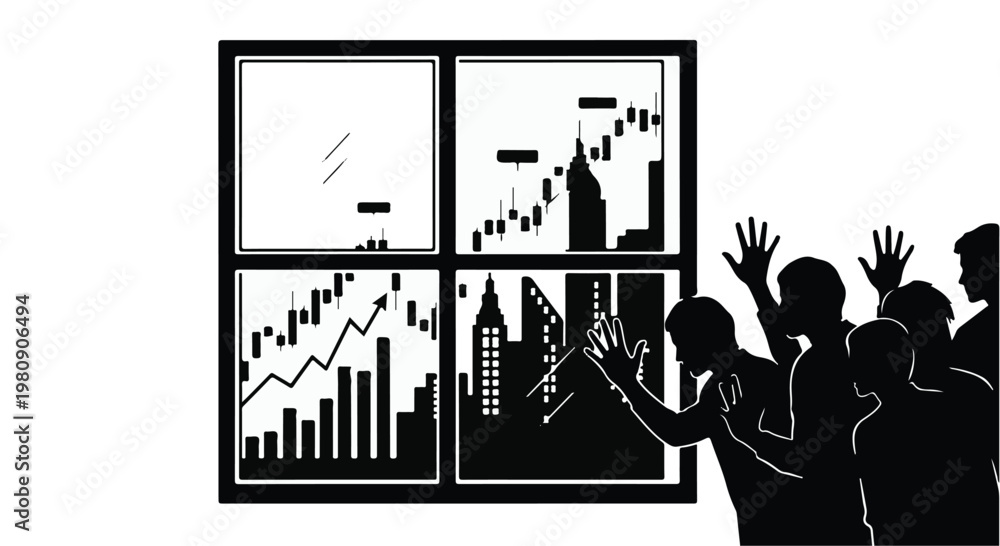 Obraz premium People looking at financial charts and city skyline