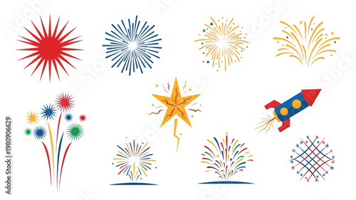 Fireworks celebration icons set with colorful bursts rocket star and festive explosions for holiday events art.