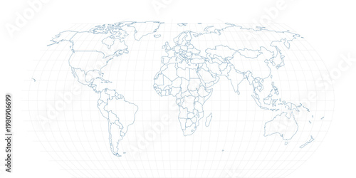Minimalist World Map Vector Outline with Geographic Graticule, Professional Blue Contour Map