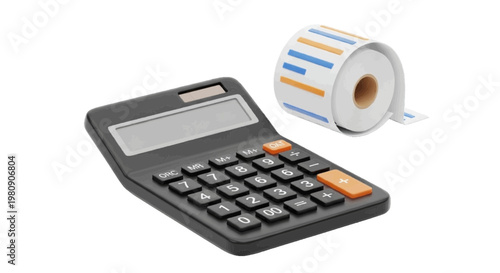 Vector illustration of calculator and a roll of price tag labels on a transparent background