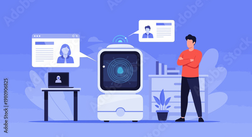 A sleek AI robot processes digital user profiles, illustrating advanced data management and personalized technological assistance for a modern individual.