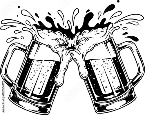 Two frothy beer mugs clinking with splashes in black and white illustration. Vector illustration
