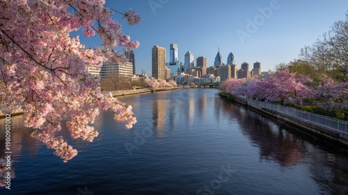 Stunning photo of philadelphia skyline with cherry blossoms in full bloom along the schuylkill river.