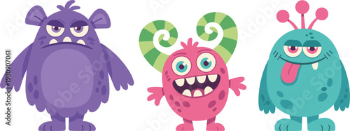 Funny monster characters set, colorful cartoon creatures vector illustration for kids design, game, sticker, mascot collection