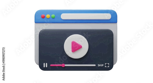 Vector illustration of 3d render of a video player interface window with a play button on a transparent background