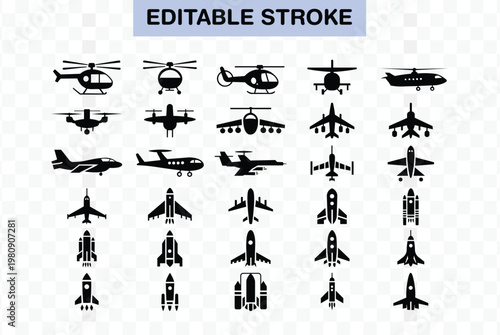 Helicopter, Airplane and Rocket Silhouette Icons Set –Aviation Vector Collection