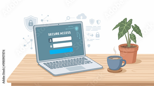 Clean and minimal vector showing a laptop with login interface on a modern desk setup, representing cybersecurity, online access, and data protection.