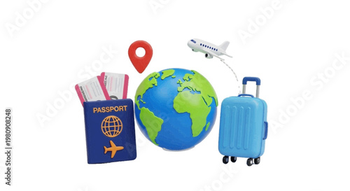 Vector illustration of travel and tourism concept with globe, passport, luggage and airplane on a transparent background