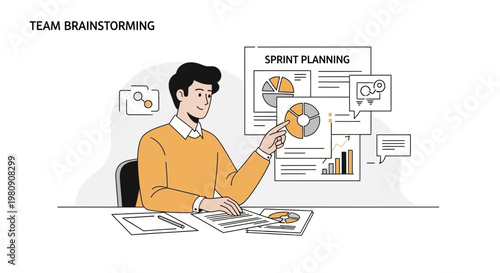 Team Brainstorming Sprint Planning Meeting with Charts and Graphs