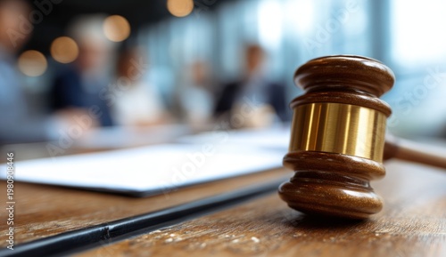 Gavel resting on a legal document on a wooden table during a business meeting or legal proceedings