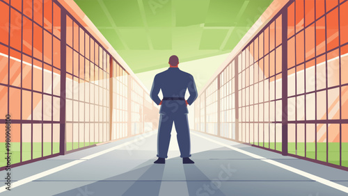 Guard Walking Cell Block Scene Vector Illustratio