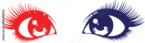 Dynamic Graphic Illustration Featuring Two Stylized Eyes with Long Lashes in Contrasting Red and Blue Tones, Symbolizing Vision, Perception, and Artistic Expression