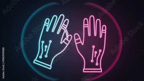 Vibrant neon hands with integrated circuit designs symbolizing digital innovation and future