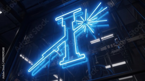 Vibrant blue neon light art illuminating a dark modern interior with abstract shapes and glowing