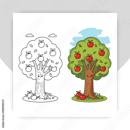 Cartoon Apple Tree with Red, Green, and Yellow Apples, Plus Coloring Page Outline. Perfect for Kids' Activities and Education.