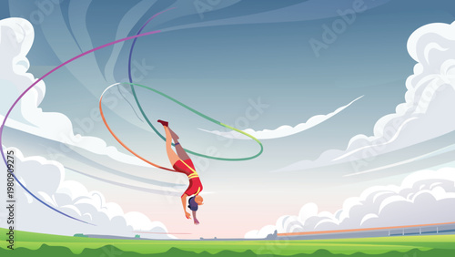 Gymnast Flip in Air Scene Vector Illustration of