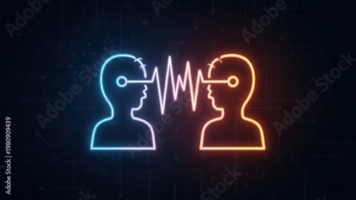 Abstract neon graphic depicting human thought transfer and mental connection in a digital age