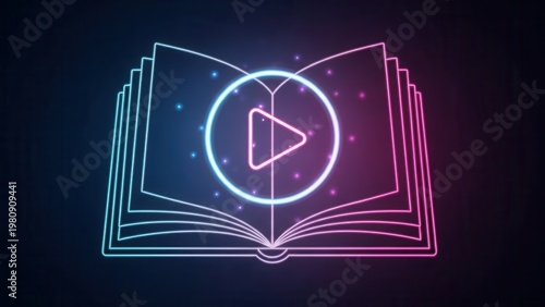 Dynamic neon book illustration with glowing play icon symbolizing modern interactive learning and