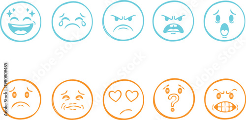Set of Emoticons Expressing Various Emotions Joy, Sadness, Anger, Love, Confusion, and Frustration