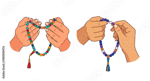 Hands holding colorful beaded necklaces illustrated in a cartoon style