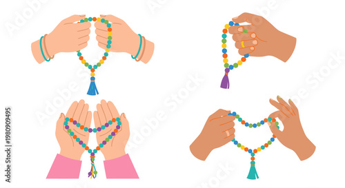 Hands holding colorful prayer beads in various positions illustrated design