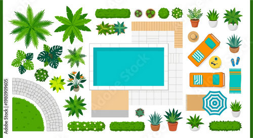 Aerial view of a modern backyard with a pool and lush plants