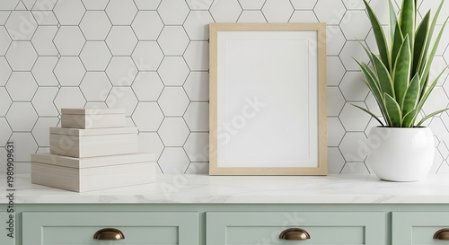 Modern interior design with frame books and plant on countertop