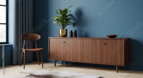 Mid century modern living room interior with wooden furniture