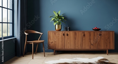 Modern living room interior with wooden furniture and plant