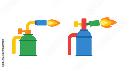 Two butane torches with vibrant colors are displayed on a white background