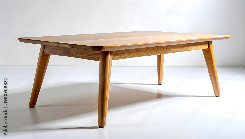 Fototapeta premium A sleek, mid-century modern wooden dining table is showcased against a bright white backdrop.