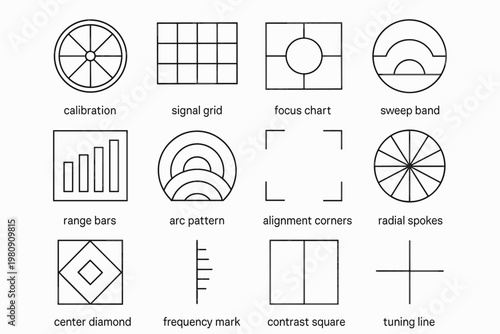 Vintage Calibration Icons. Vintage signal calibration icons. Line outline icon set of Vintage signal