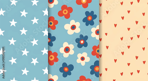 Triptych of playful patterns with stars flowers hearts triptych children wallpaper decoration illustration seamless repeating scrapbook collection background isolated geometric