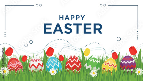 Colorful Happy Easter banner featuring decorated eggs and red and yellow tulips growing in green grass with small white daisies.