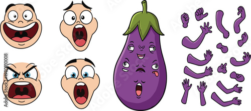 Funny Cartoon Character Face Elements Set with Emotions Eggplant Character and Hand Gestures Vector Illustration Collection