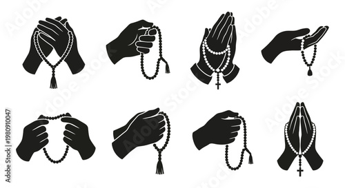 Hands praying with rosary beads in various positions black and white vector