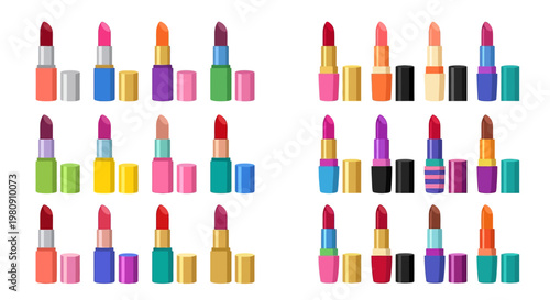 Colorful collection of various lipstick tubes and shades arranged in rows