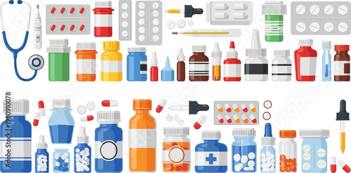 Medical Medicine Bottle and Pills Vector Set with Stethoscope Capsules Syringes Droppers and Healthcare Pharmacy Equipment Collection