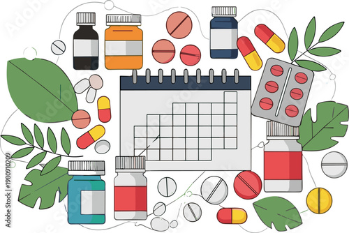 Medication Schedule Planner with Medicine Bottles Pills Capsules and Herbal Leaves Healthcare Treatment and Daily Dosage Management Concept