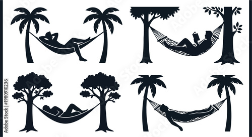 Silhouettes of people relaxing in hammocks under various trees