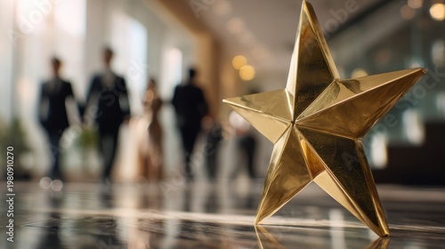 Golden star trophy with detailed textured surface positioned in foreground with business people walking in the background, celebrating achievement and success
