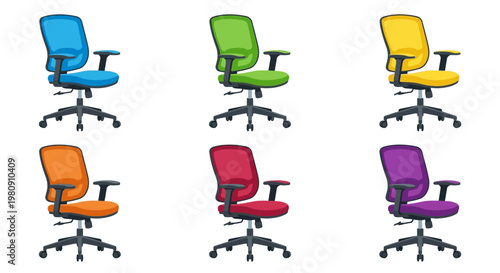 Colorful office chairs arranged in a grid formation on a white background