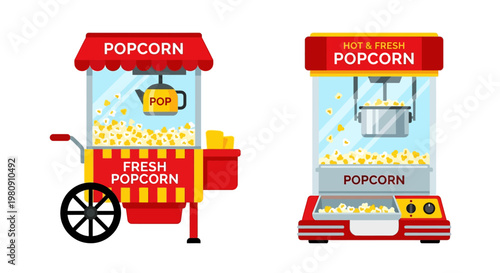 Two colorful popcorn machines with popcorn signage and full containers