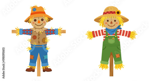 Two cheerful scarecrows stand smiling in a colorful cartoon style