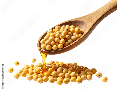 Wooden spoon pouring golden liquid onto pile of soybeans