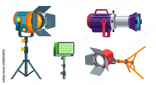 Colorful studio lighting equipment including spotlights and led panels