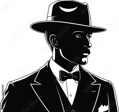 Sophisticated gentleman wearing a vintage fedora and tuxedo in classic black and white vector style