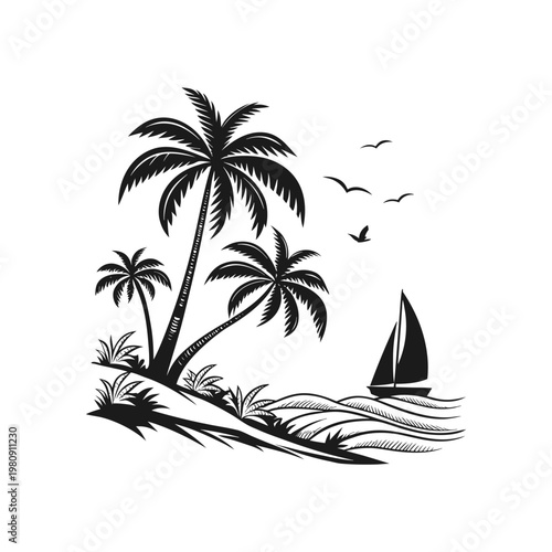 Monochrome tropical island with palm trees, sailboat, and birds elegant coastal illustration isolated on white