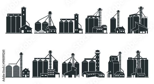 Black and white illustration of industrial grain elevators and buildings